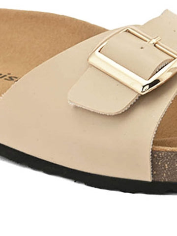 Women Beige Open Toe Flats with Buckles