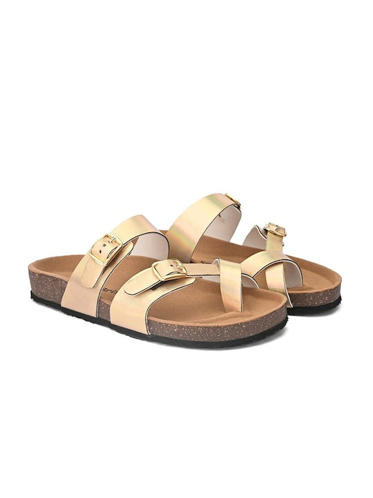 Gold-Toned & Brown Comfort Heels with Buckles for Women