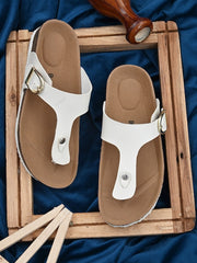 Women White T-Strap Flats with Buckle