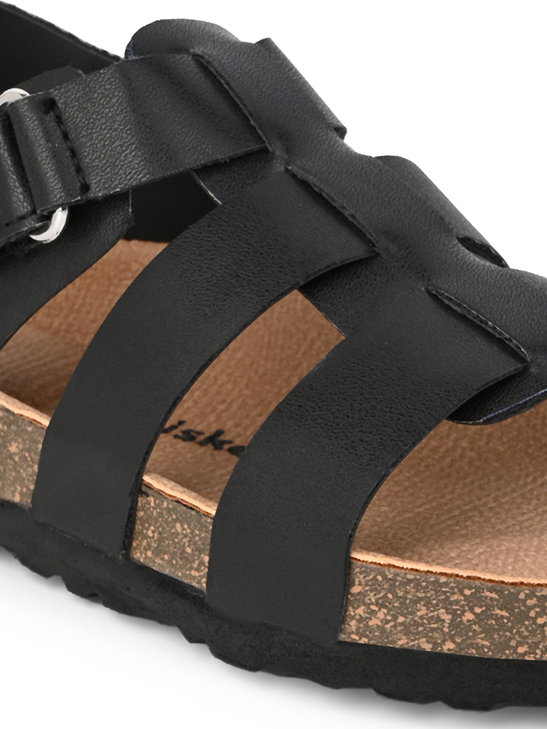 KIDS Open Toe Flats With Side Velcro BLACK 4503