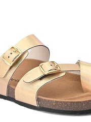 Gold-Toned & Brown Comfort Heels with Buckles for Women