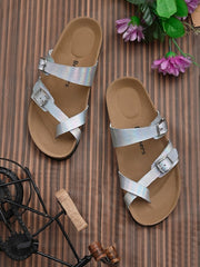 Women Silver-Toned & Brown Comfort Sandals
