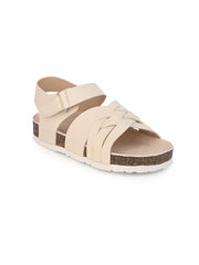 KIDS  Open Toe Flats With Side Velcro BEIGE 4501