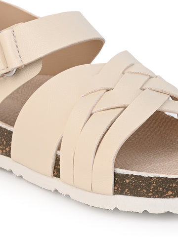 KIDS  Open Toe Flats With Side Velcro BEIGE 4501