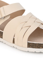 KIDS  Open Toe Flats With Side Velcro BEIGE 4501