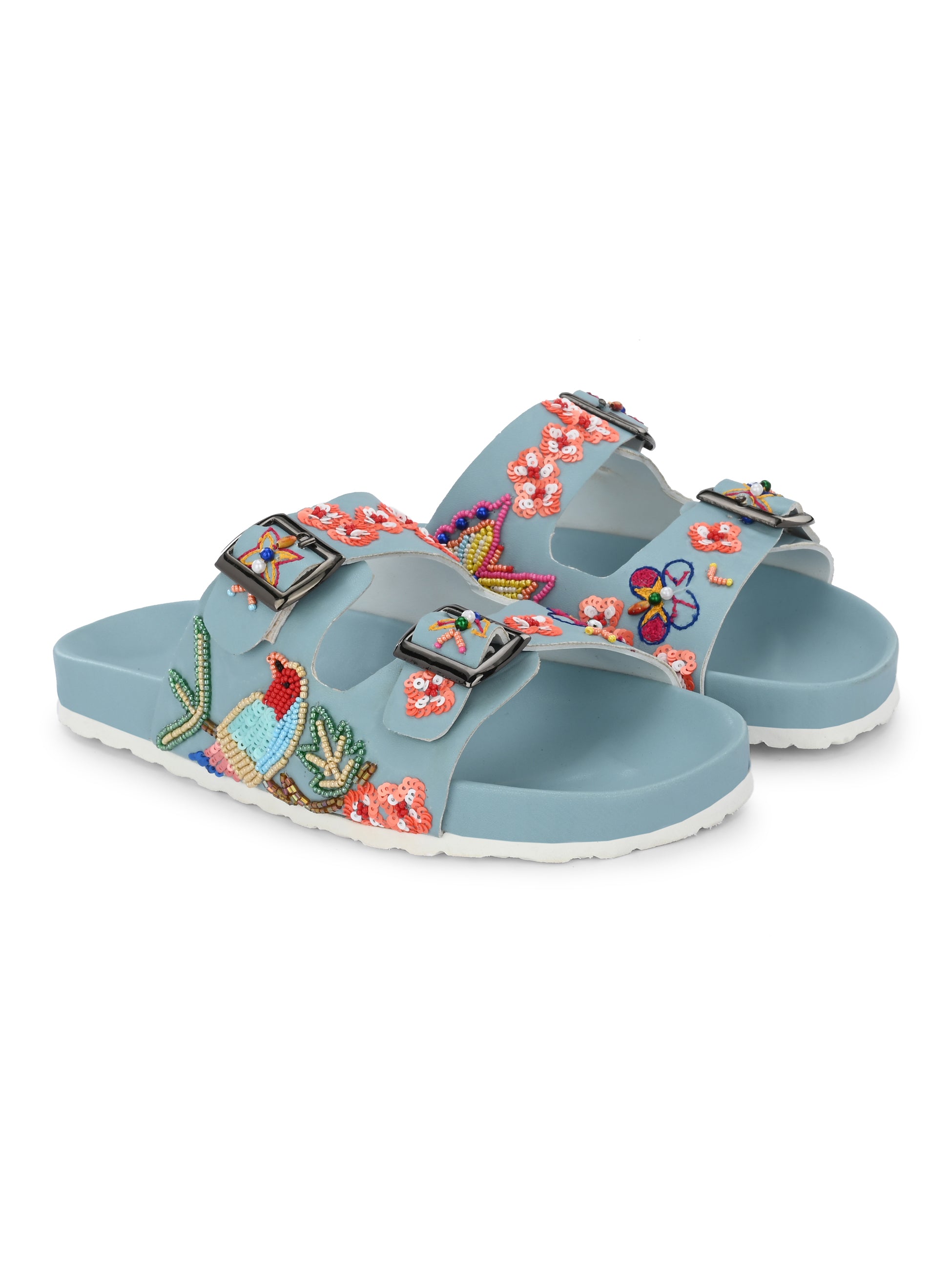 A pair of Sky blue Hand Embroided sliders