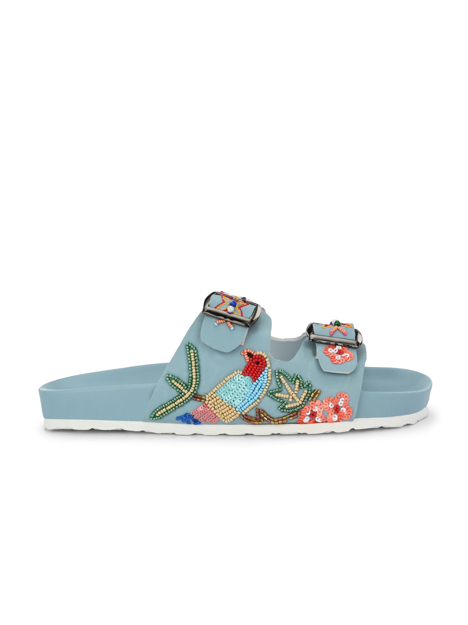 A pair of Sky blue Hand Embroided sliders