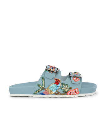 A pair of Sky blue Hand Embroided sliders
