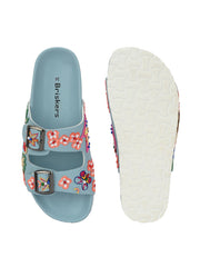 A pair of Sky blue Hand Embroided sliders