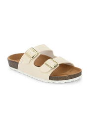 Women White Double Strap Sliders