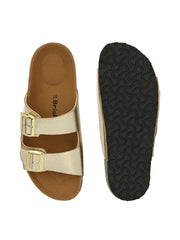 Women Gold Double Strap Sliders