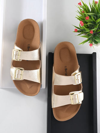 Women Gold Double Strap Sliders