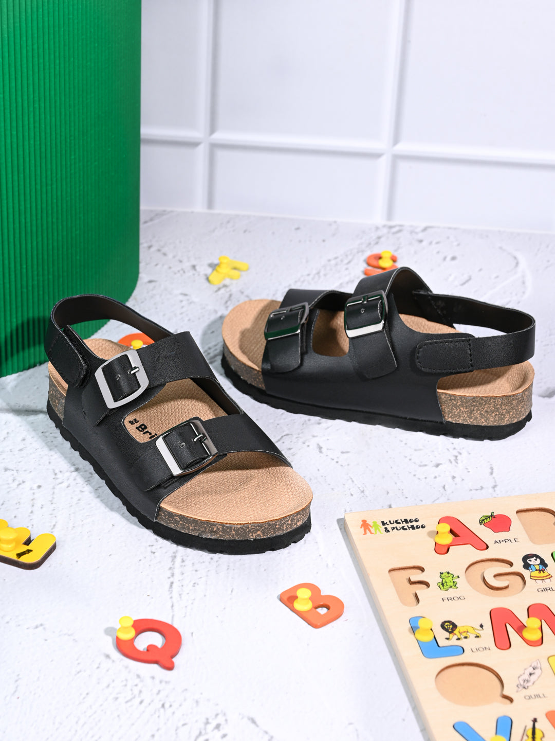 KIDS Open Toe Flats With Buckles BLACK 4502