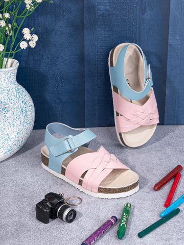 KIDS Open Toe Flats With Side Velcro PINK 4501