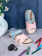 KIDS Open Toe Flats With Side Velcro PINK 4501