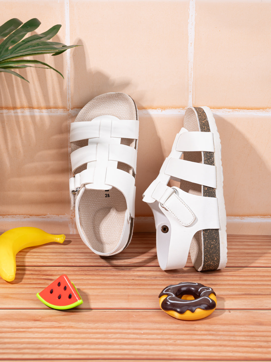 KIDS Open Toe Flats With Side Velcro WHITE