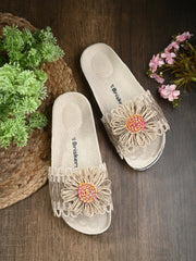 Women Floral Jute Fabric Sliders