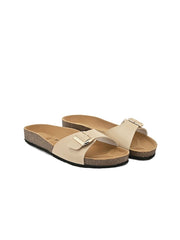 Women Beige Open Toe Flats with Buckles